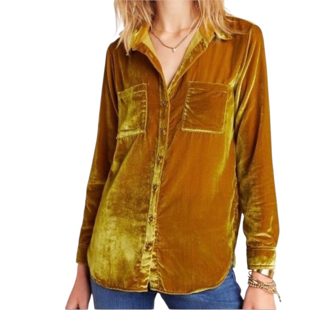 Maeve Anthropologie Karina Chartreuse Velvet Button Down Shirt Blouse Size 10